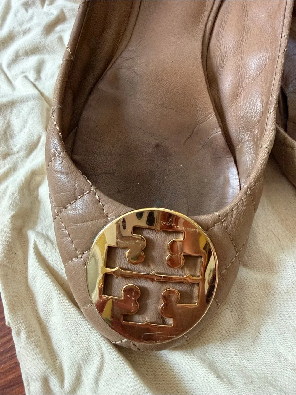 Tory Burch Tan Quilted Logo Cap-Toe Flats